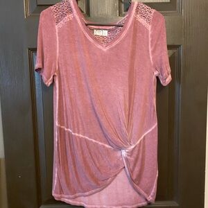 Maurices Dusty Rose Knot-Front V-Neck Top with Lace Shoulders